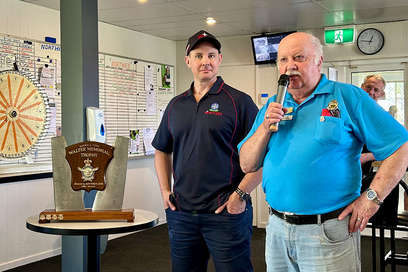 L-R: Merv. & Tom Walter Memorial Trophy, Tony Cameron Northies, Tim McCrorey President Harlaxton Sub Branch.