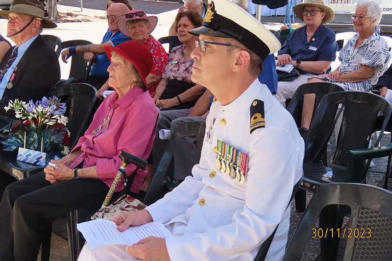 Madeline Byth, aged 94 (front row, centre), at the memorial ceremony for HMAS Sydney (II). Madeline’s brother was on the ship and she is one of few people with living memory of the crew.